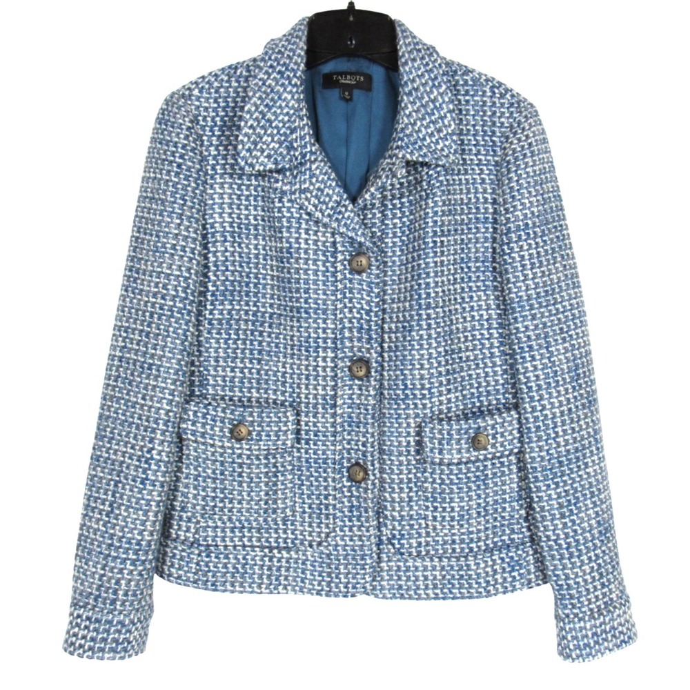 TALBOTS Blue/White TWEED Lined WOOL BLEND Button-Up POCKETS Jacket Blazer Sz 12